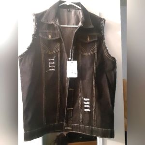 Faxikio Distressed Black Denim Button Up Vest